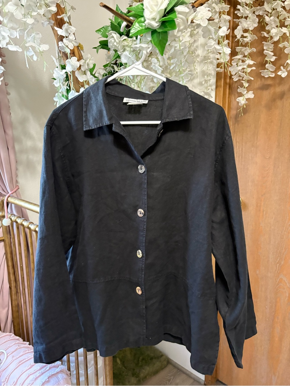 Vintage 100% Linen Black Casual Button-Down Shirt